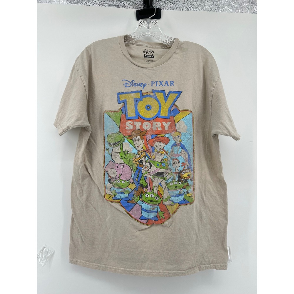 Disney Pixar Toy Story Graphic T-Shirt Mens Large Tan Beige Woody Buzz Lightyear